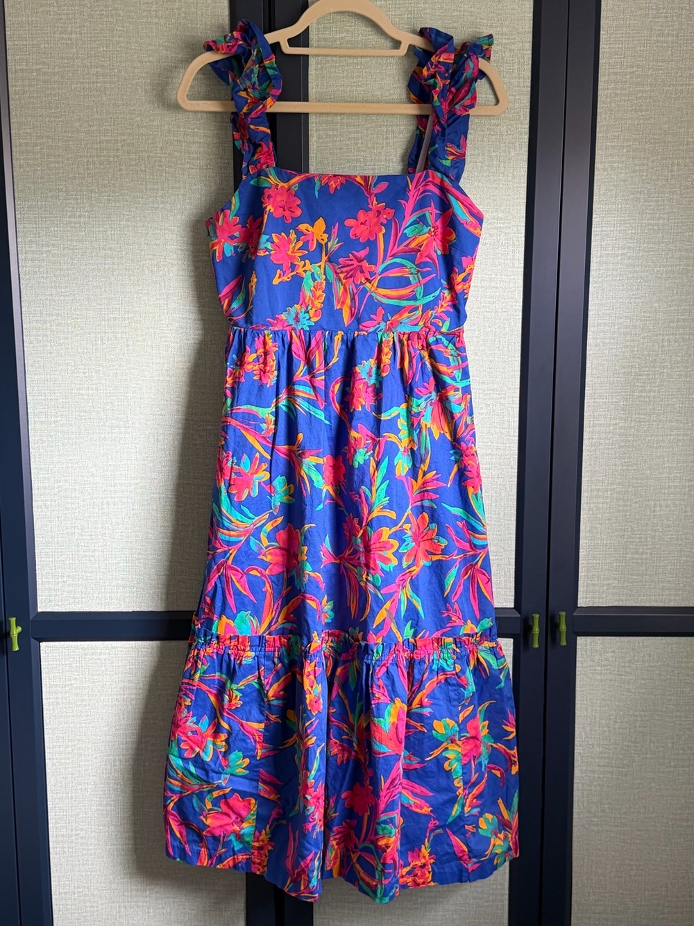 J. Crew 100% Cotton Bright Tropical Floral Print Ruffled Midi Dress, Size 6
